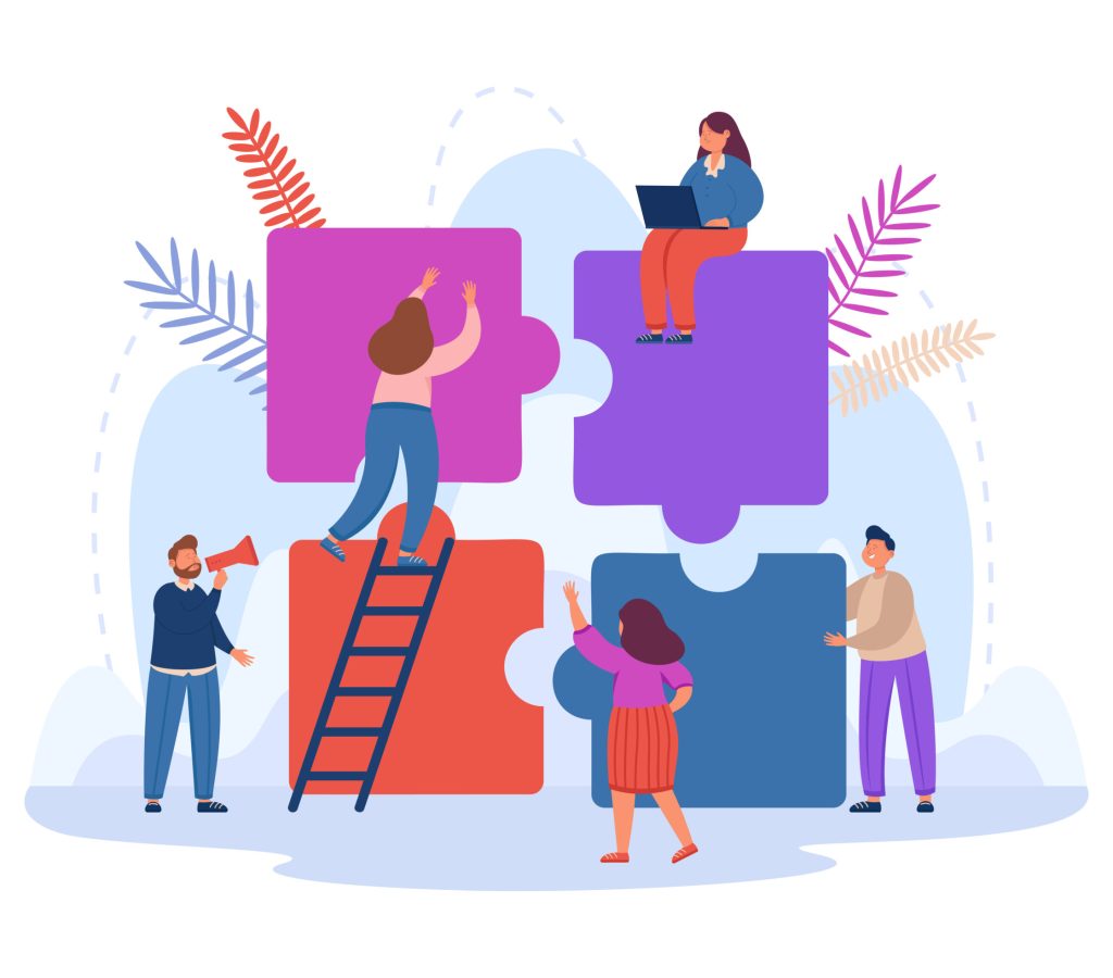 Tiny business persons working on jigsaw puzzle together Tiny business persons working on jigsaw puzzle together. Metaphor for cooperation or partnership, collaboration between team of people flat vector illustration. Communication, teamwork concept